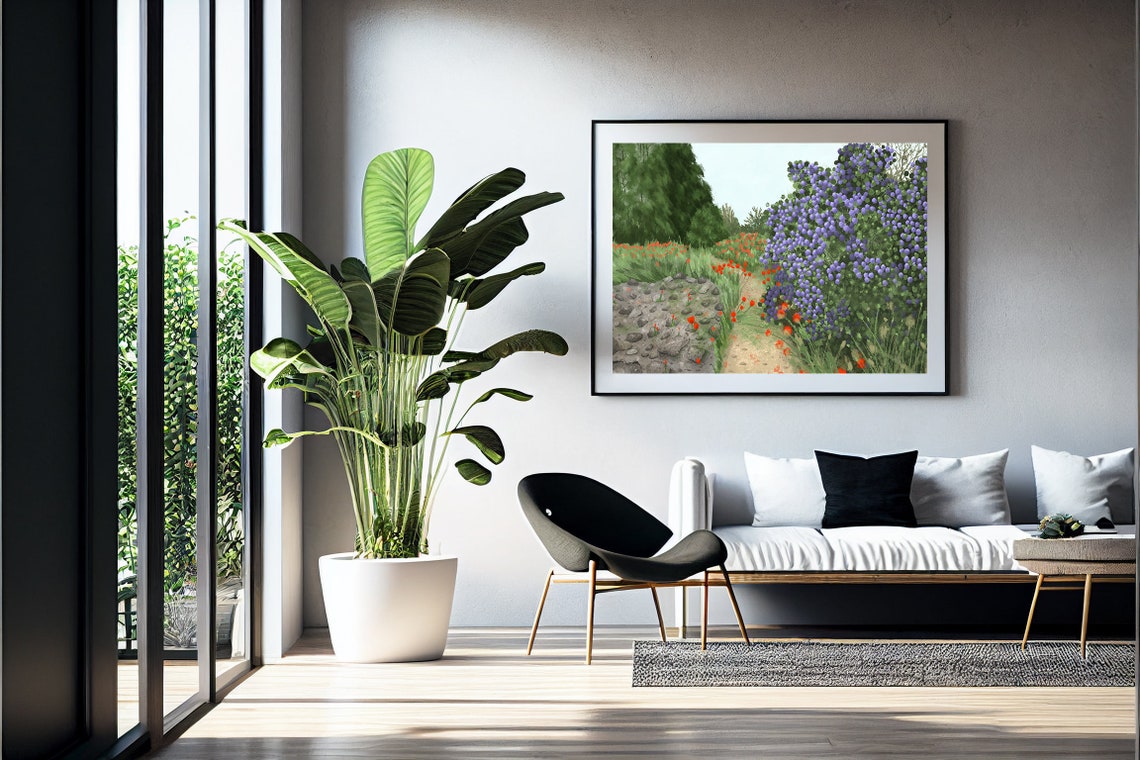 Purple Flowering Bush Red Poppies Forest Path Garden Landscape Print - Image 2
