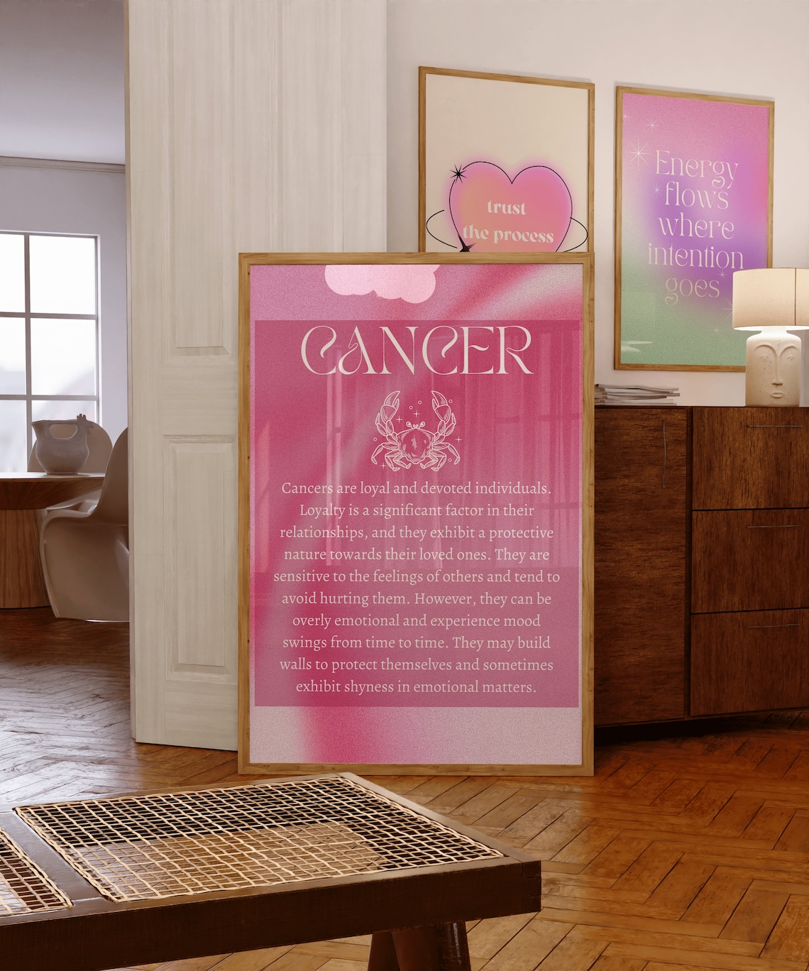 Cancer Zodiac Pink Crab Poster with Loyalty Traits for Star Sign Gift Decor