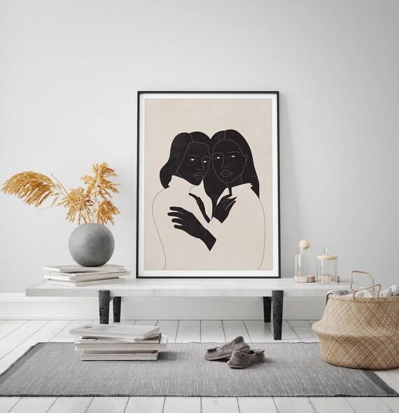 Two Women Embracing Minimalist Line Art Female Portrait Poster