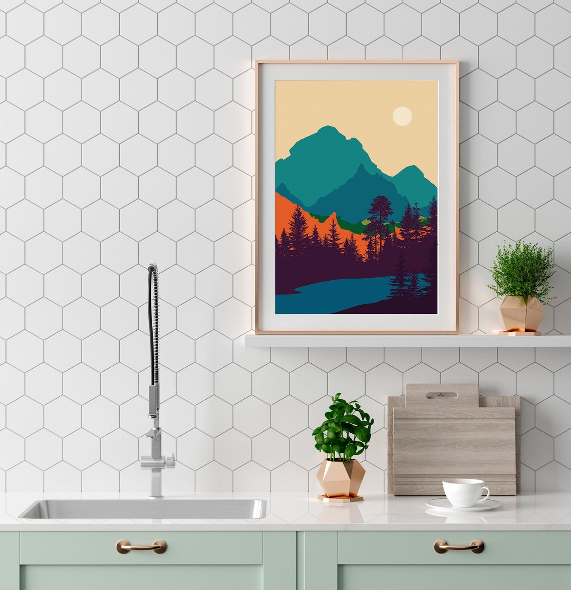 Colorful Geometric Mountain Forest Lake Sunset Retro Travel Art Poster