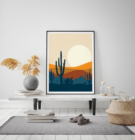 Desert Print Landscape Art Southwestern Decor Blue Orange Sun Abstract Wall Art Modern Poster
