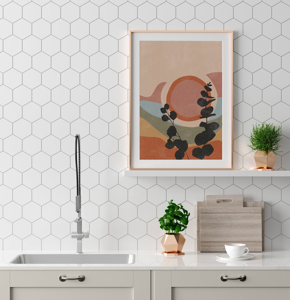 Eucalyptus Silhouette Sun Earthy Mountains Minimalist Poster