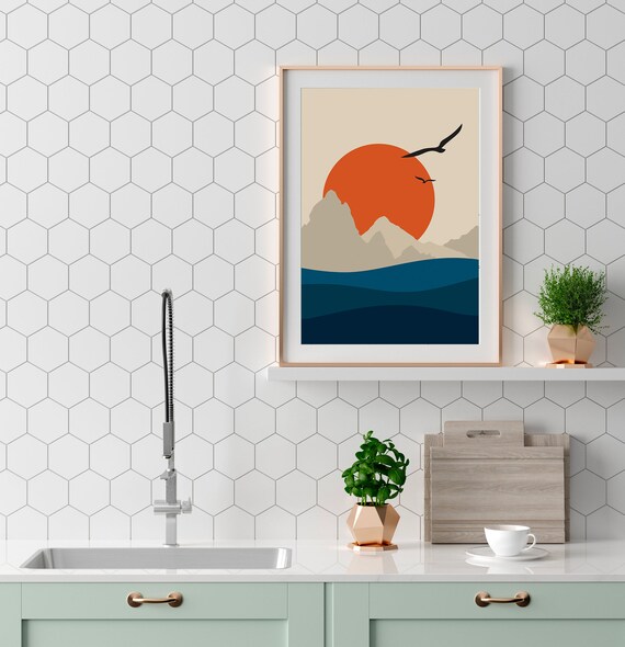Sunset Ocean Wall Art Sea Prints Orange Sun Geometric Landscape Wall Artposterhome Decormoderndigital