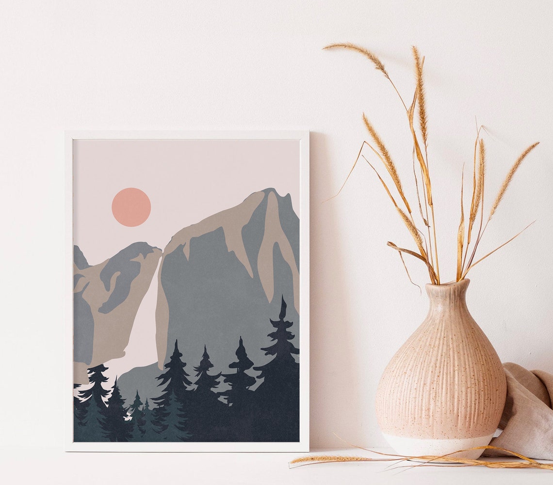 Yosemite National Park Pastel Mountain Waterfall Pines Art Poster