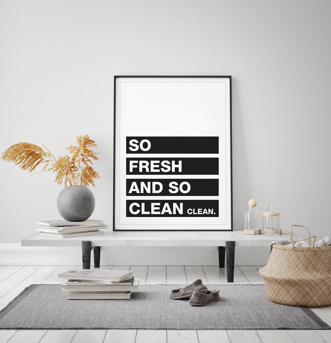 So Fresh And So Clean Bold Black Typography Bathroom Wall Art