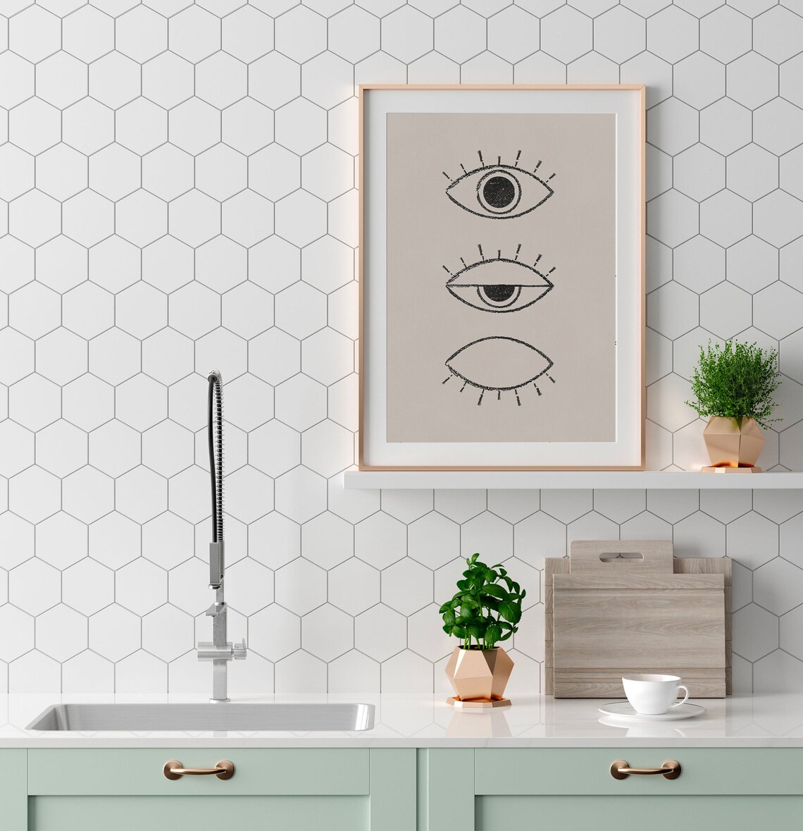 Modern Minimalist Line Art Trio of Eyes Boho Sketch Decor Poster