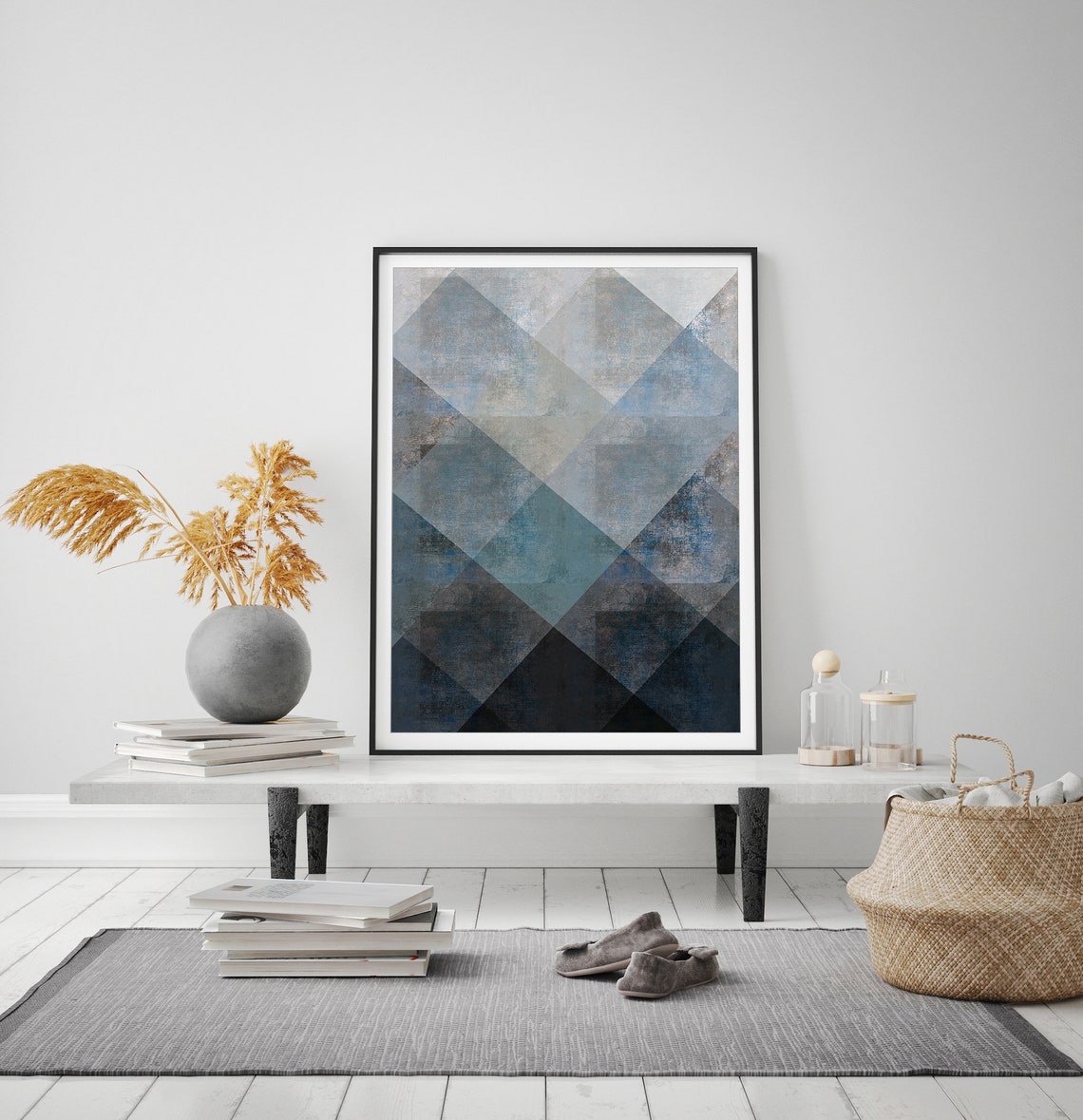 Blue Gray Geometric Triangle Pattern Modern Minimalist Abstract Poster