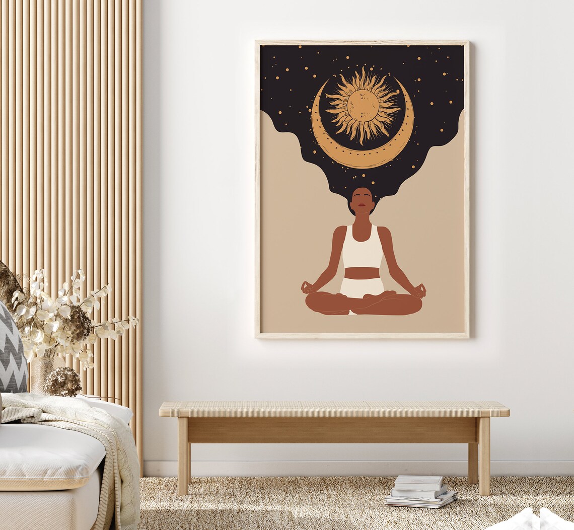 Serene Meditating Woman Under Sun and Crescent Moon Boho Yoga Art Print - Image 2