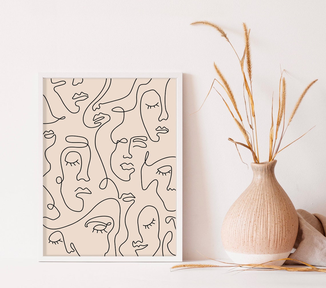 Abstract One Line Faces Pattern on Warm Beige Minimalist Art Print