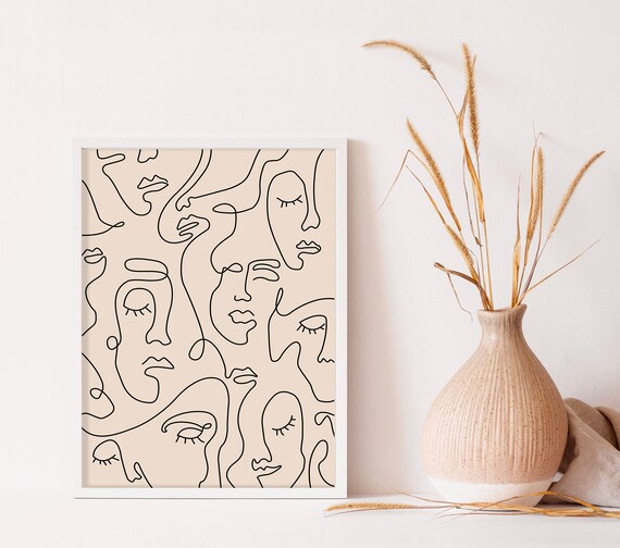 Abstract One Line Faces Pattern on Warm Beige Minimalist Art Print