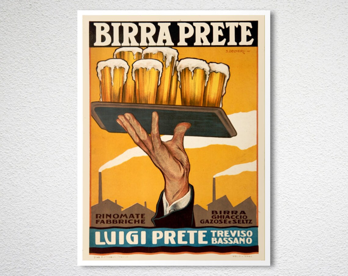 Birra Prete Beer Mugs Tray Hand Brewery Vintage Italian Ad Poster - Image 2