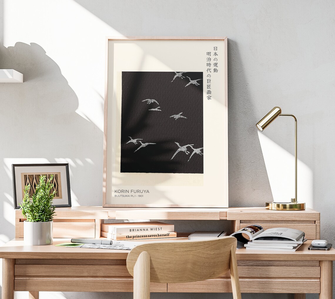 Korin Furuya Bijutsukai White Flying Birds Black Japanese Art Poster - Image 3