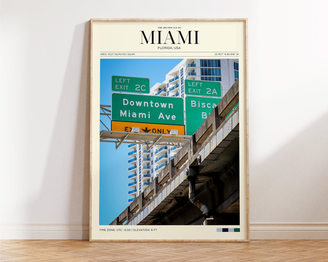 Miami Florida Downtown Highway Signs Vintage Roadways Travel Poster