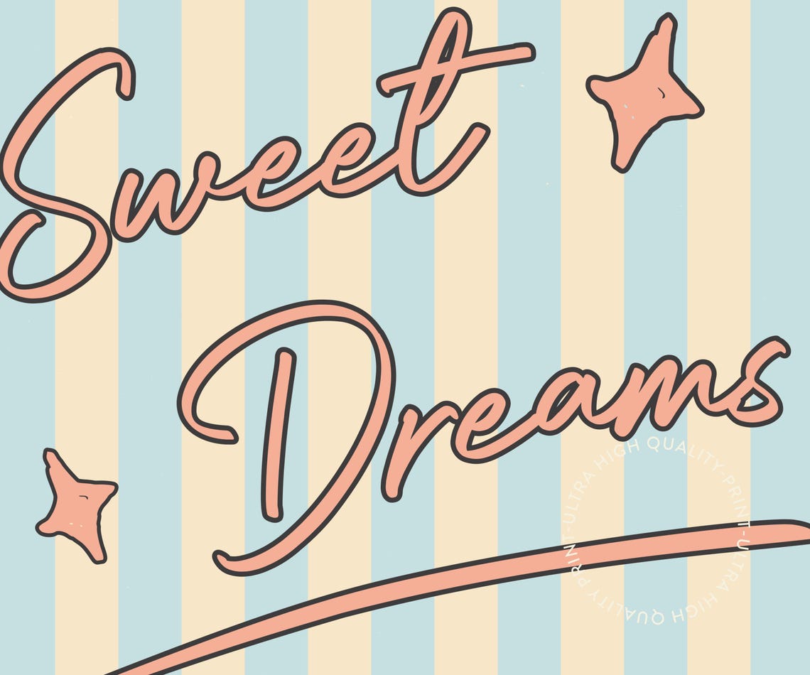 Sweet Dreams Pink Script Blue Striped Retro Bedroom Quote Decor Poster - Image 5