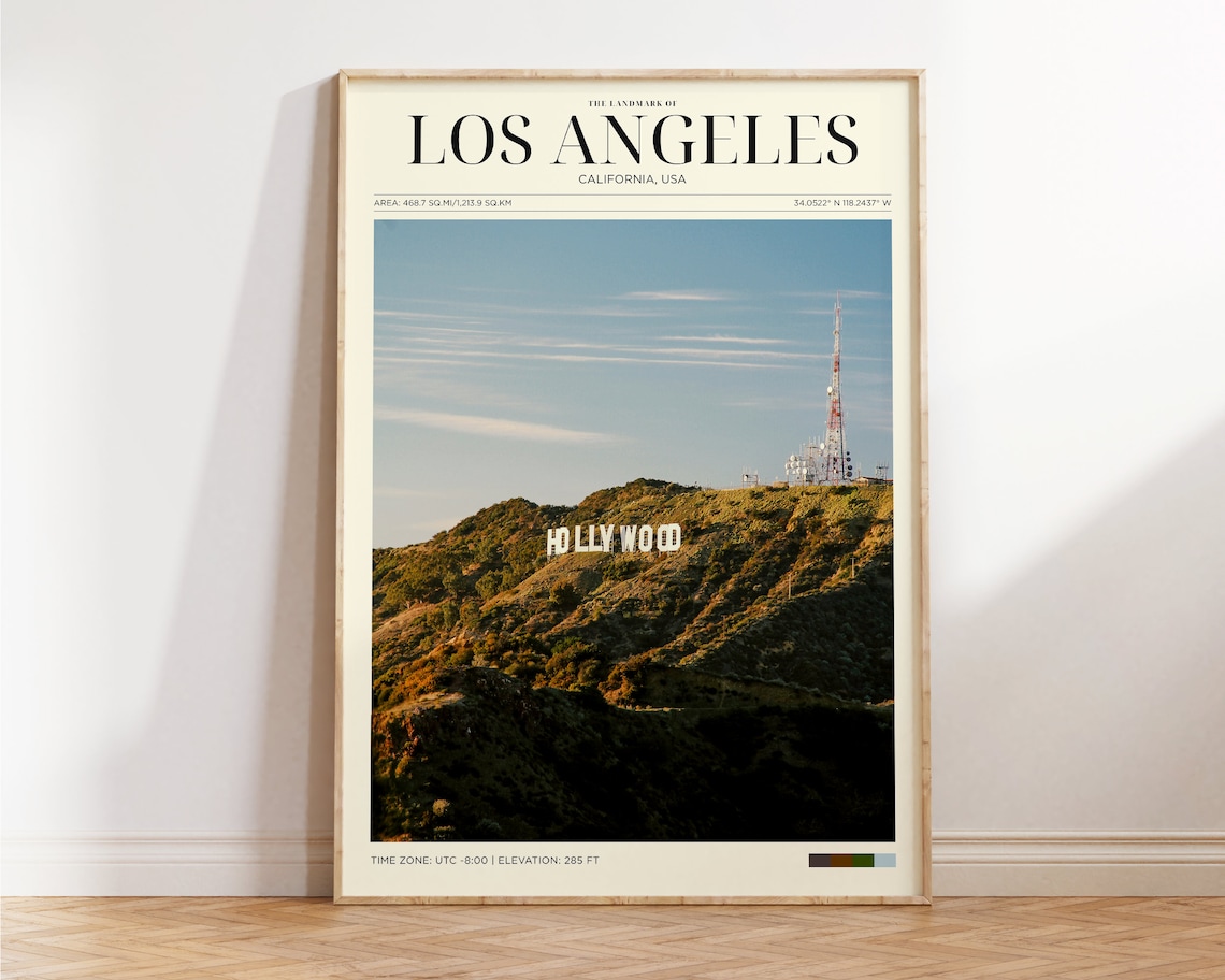 Los Angeles California Hollywood Sign Hill Golden Hour Travel Poster