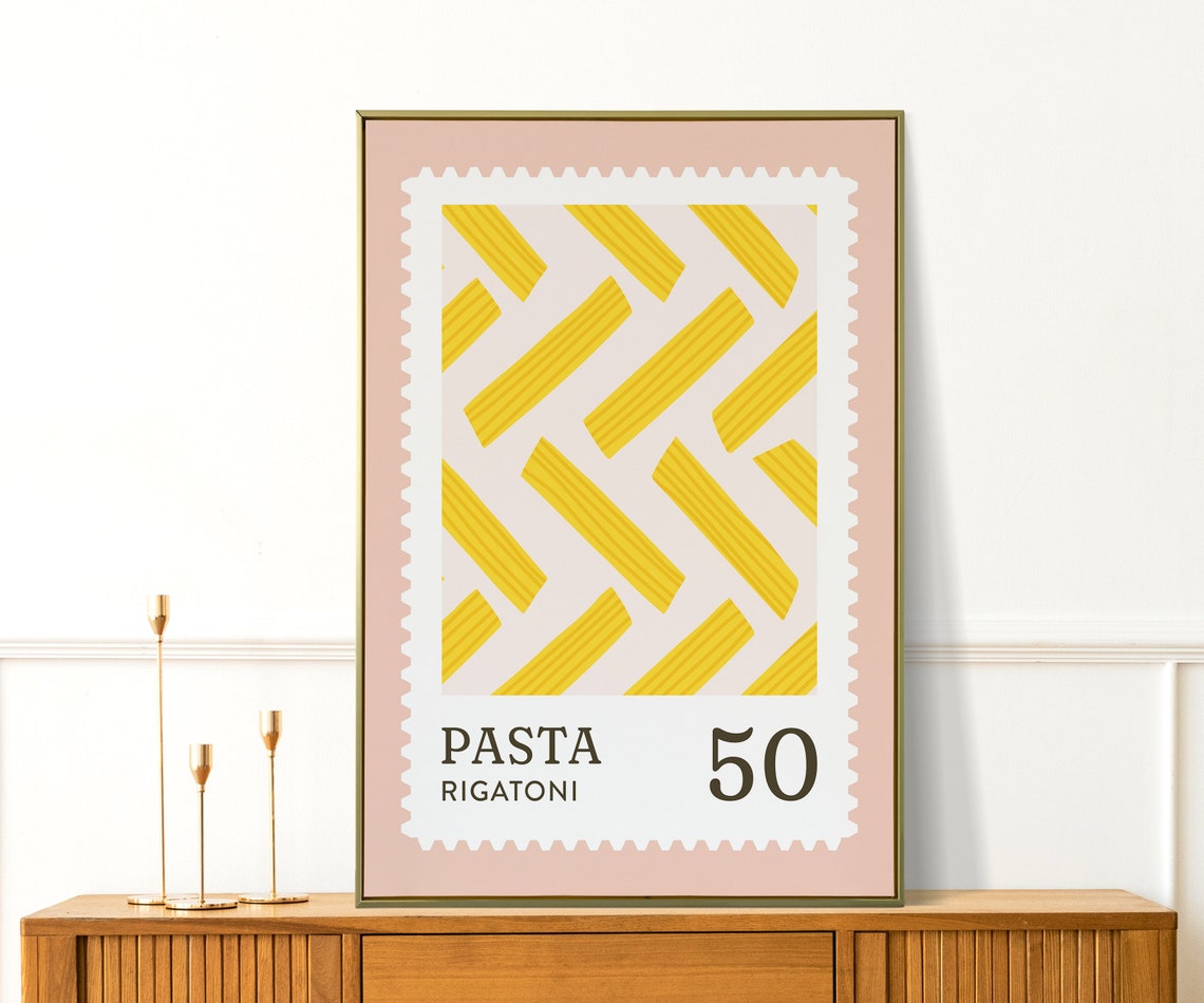 Rigatoni Pasta Yellow Pink Stamp Style Retro Kitchen Wall Art Poster