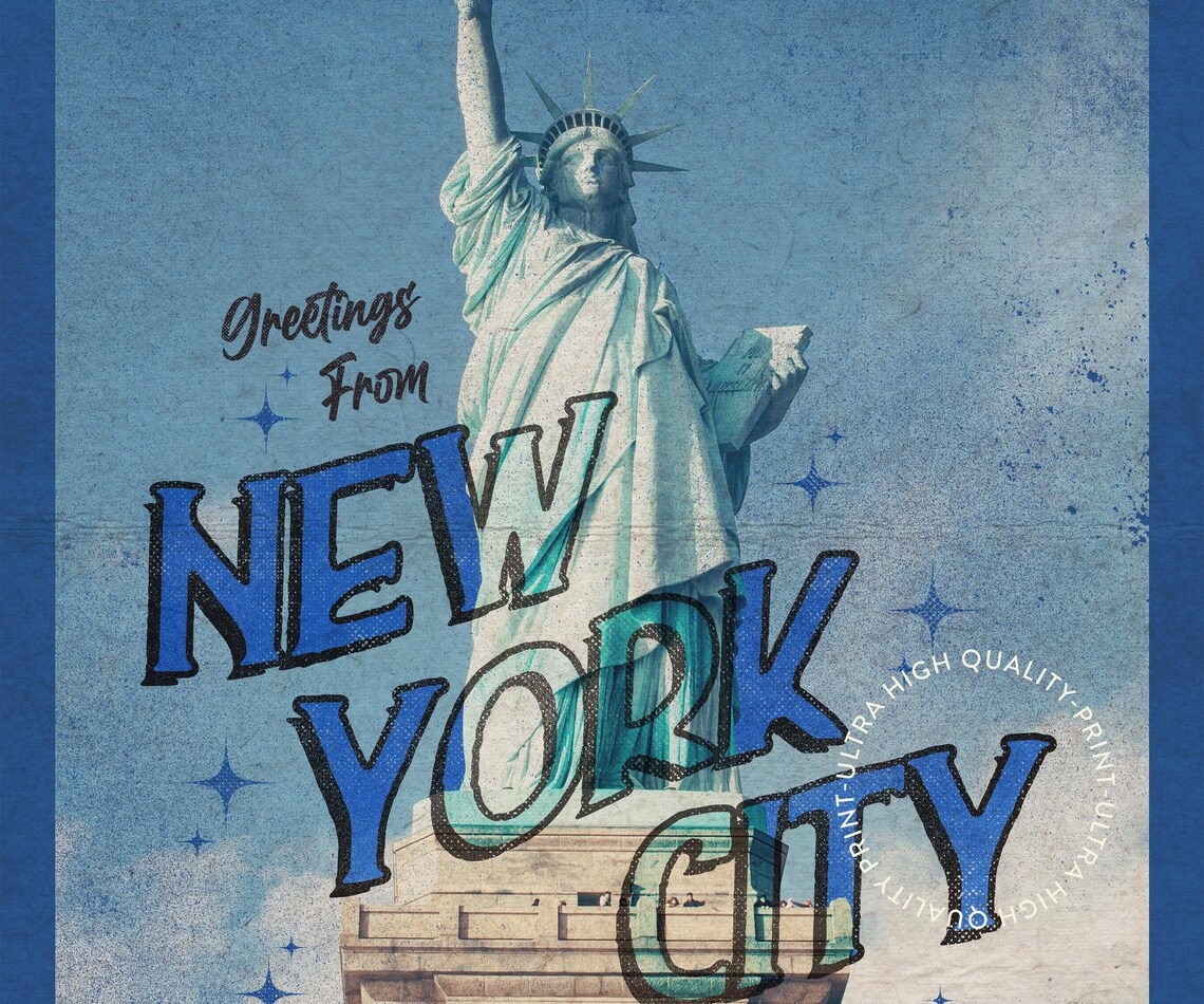 New York City Statue Of Liberty Blue Retro Travel Poster Vintage Style - Image 5