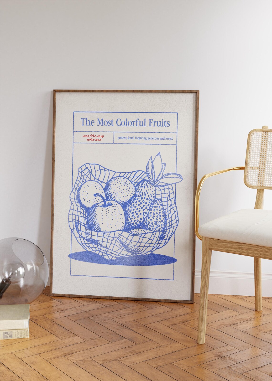 The Most Colorful Fruits Blue Kitchen Fruit Basket Line Art Poster - Image 3