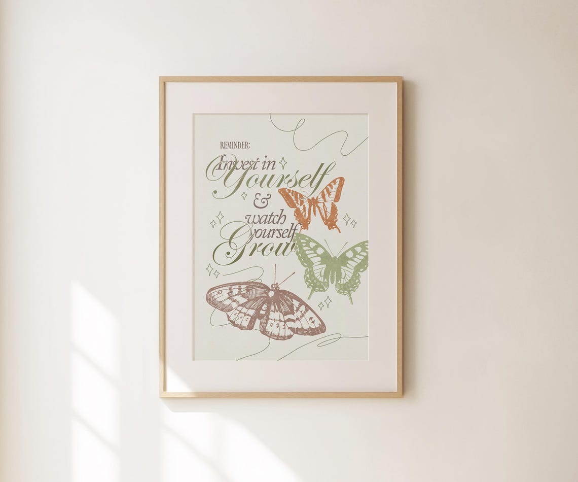 Invest In Yourself And Watch Yourself Grow Girly Apartment Decor Retro Cute Self Love Print Preppy Floral Butterflies Print Positive Art - Image 3