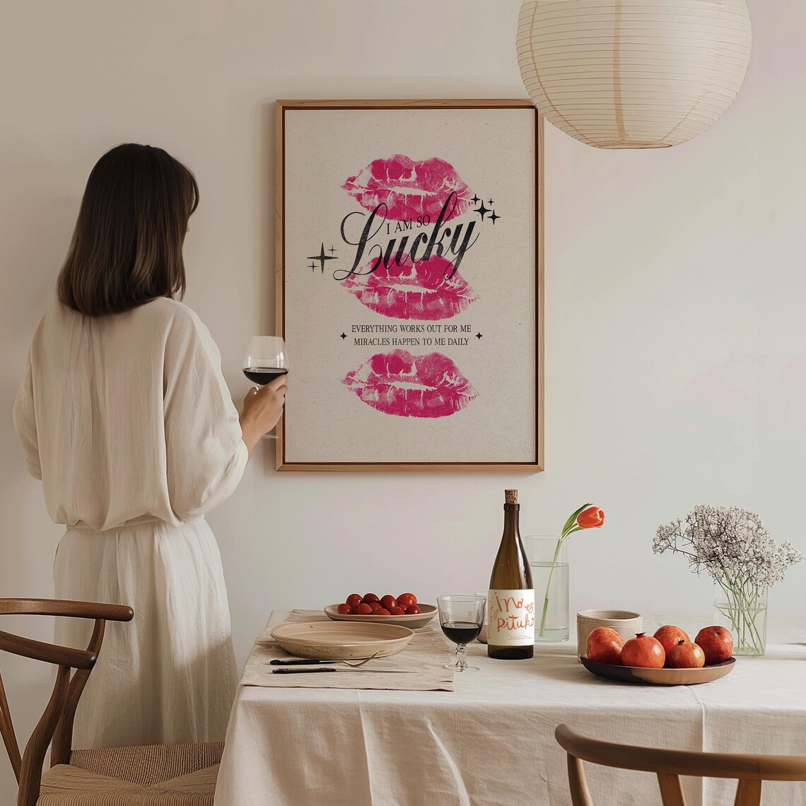 I Am So Lucky Lipstick Kiss Affirmation Pink Girly Bedroom Wall Print - Image 3