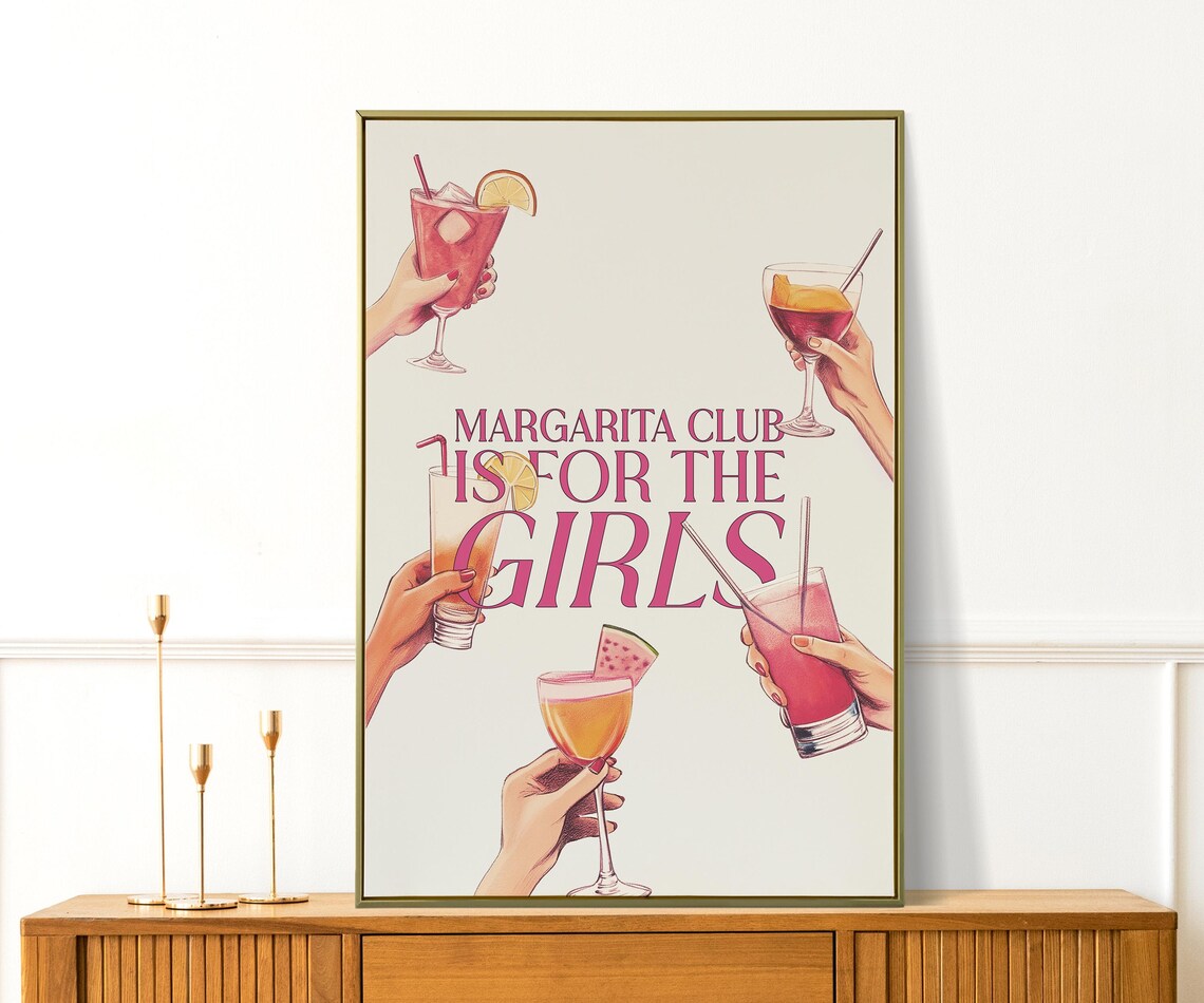 Margarita Club Is For The Girls Pink Cocktail Cheers Retro Bar Art Poster