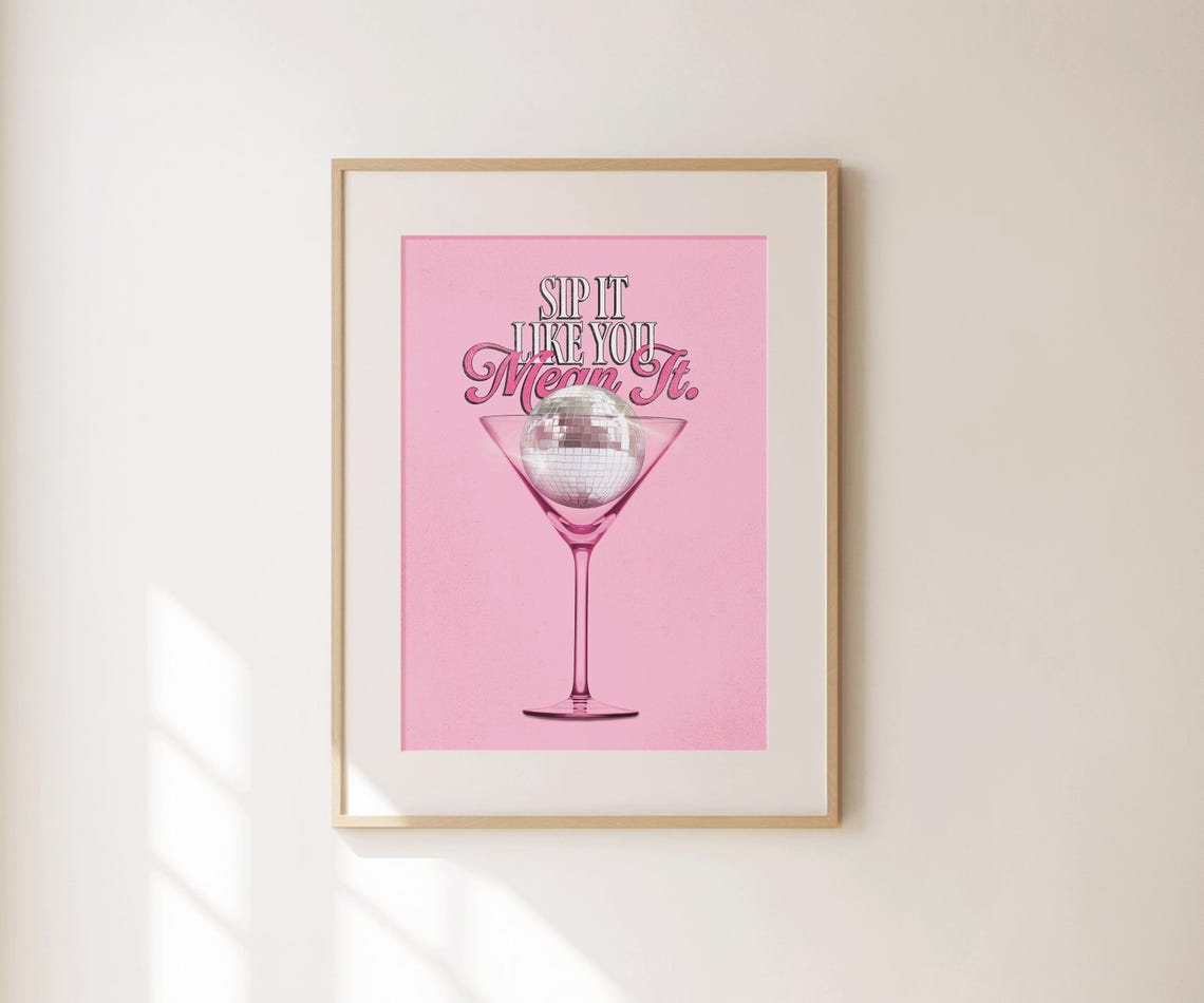 Sip It Like You Mean It Pink Martini Disco Ball Bar Cart Wall Print - Image 3