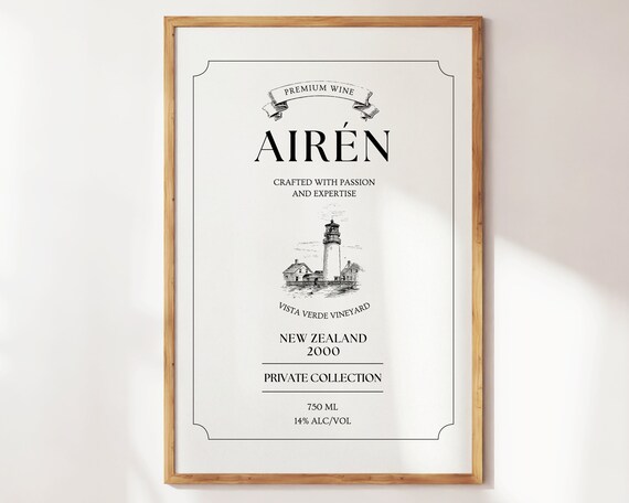 Airen Premium Wine Label Vintage Vineyard Bar Cart Kitchen Wall Art Poster