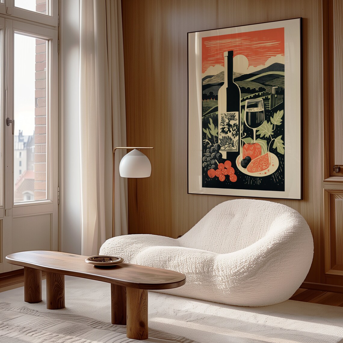 Red Wine Bottle Glass Vineyard Sunset Retro Woodcut Kitchen Wall Art Poster - Image 4