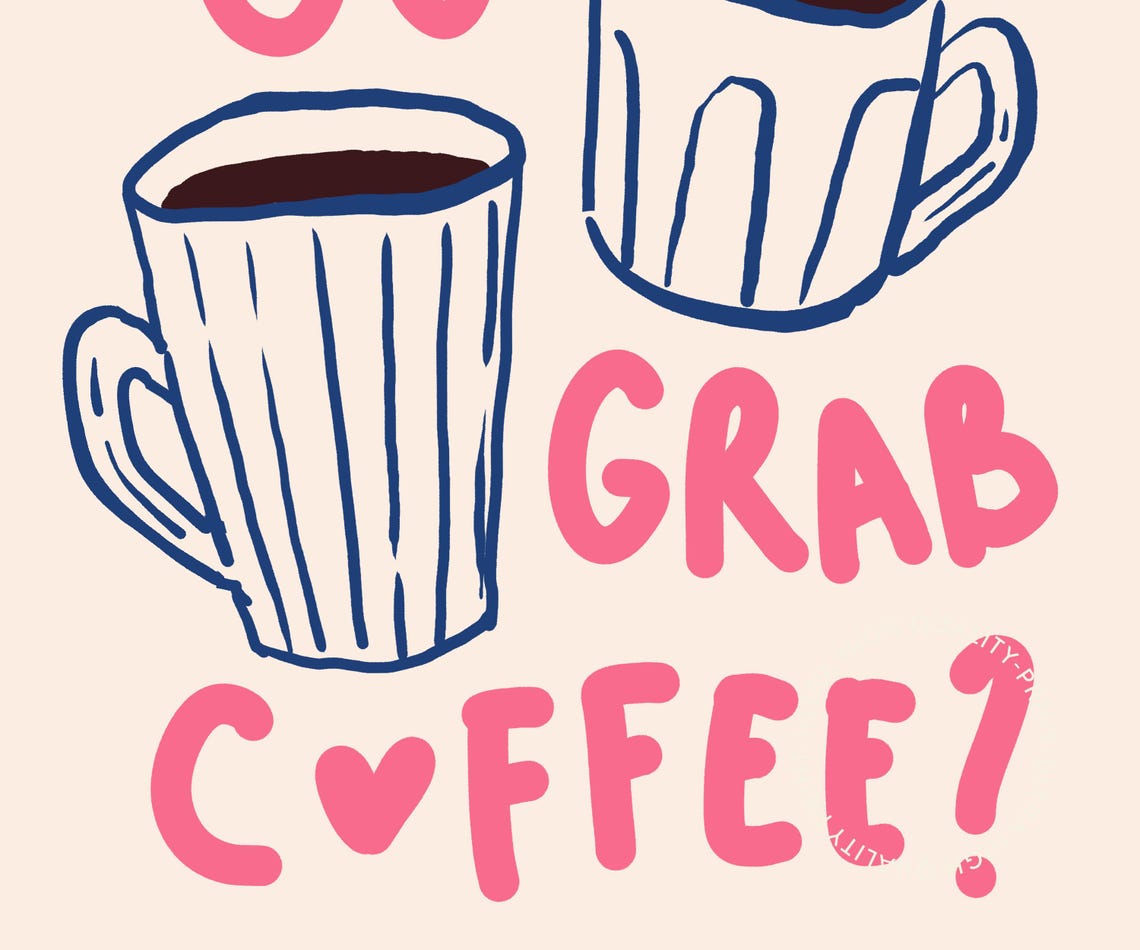 Wanna Go Grab Coffee Quote Pink Text Blue Cup Doodle Kitchen Poster - Image 5