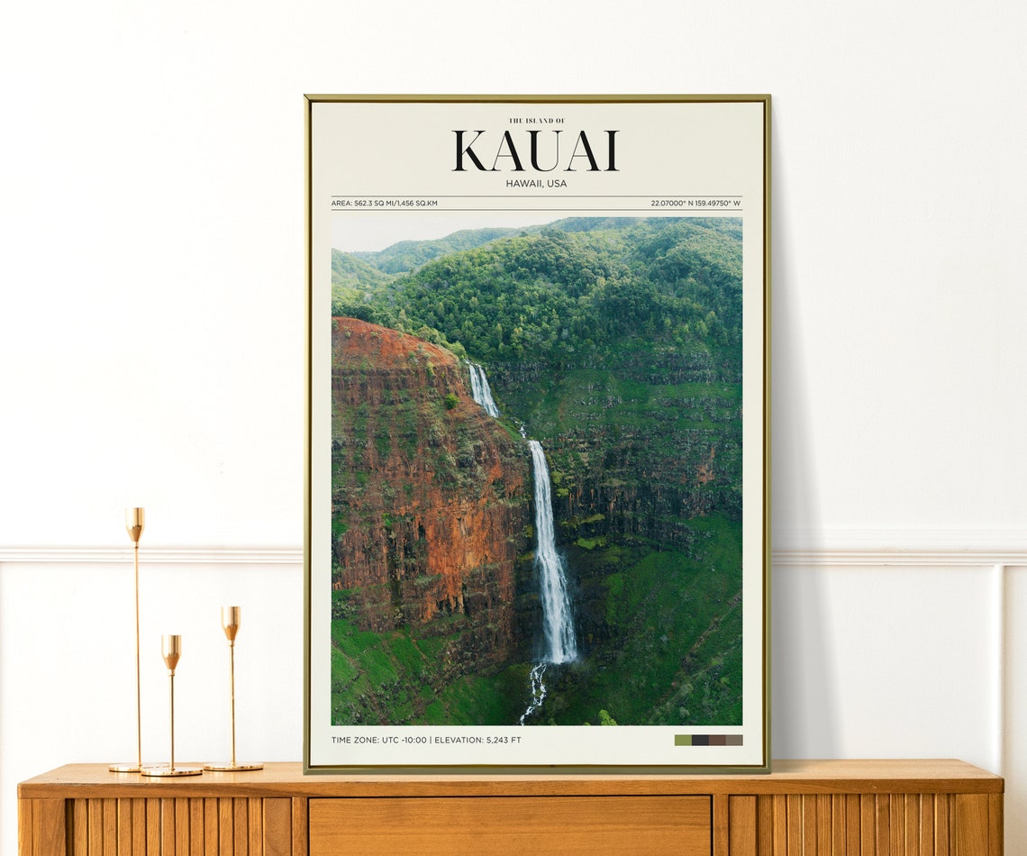 Travel Poster Hawaii Poster Kauai Falls Poster Hawaii Vintage Poster Hawaiian Wall Art For Living Room Modern Island Office Wall Art - Image 2