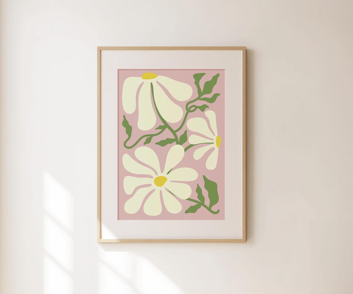 Retro White Daisy Floral Maximalist Botanical Pink Kitchen Wall Art - Image 3