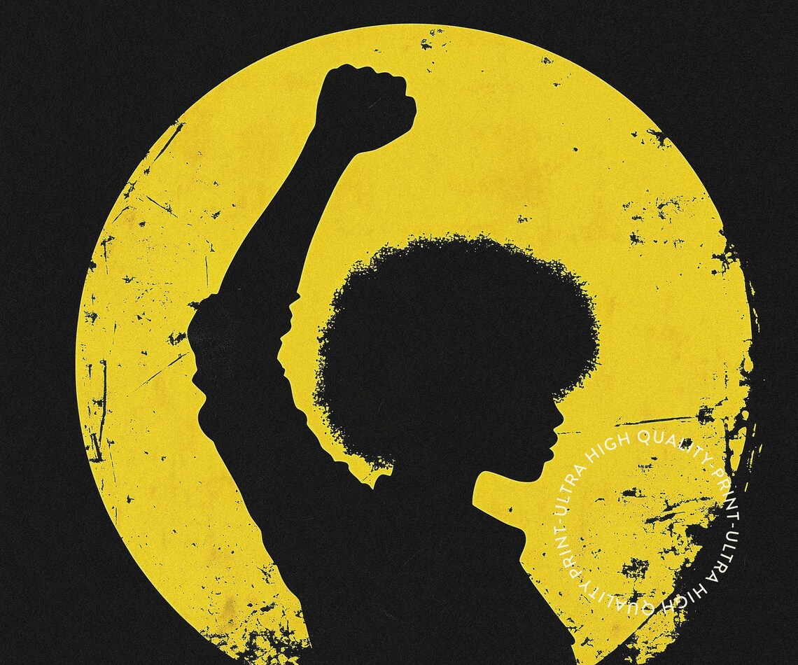 Black Woman Raised Fist Power Silhouette Yellow Black Art Poster - Image 5