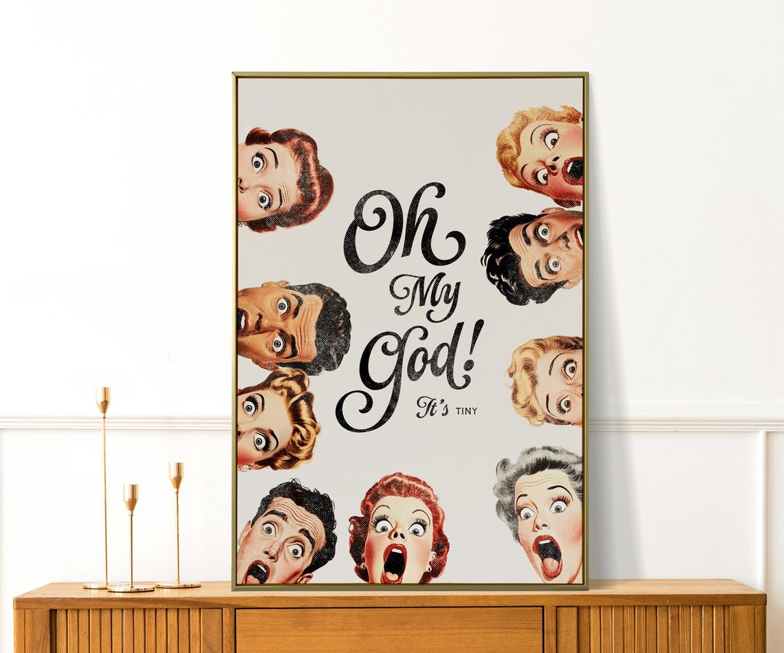 Oh My God It's Tiny Funny Bathroom Retro Shocked Faces Humor Poster - Image 3