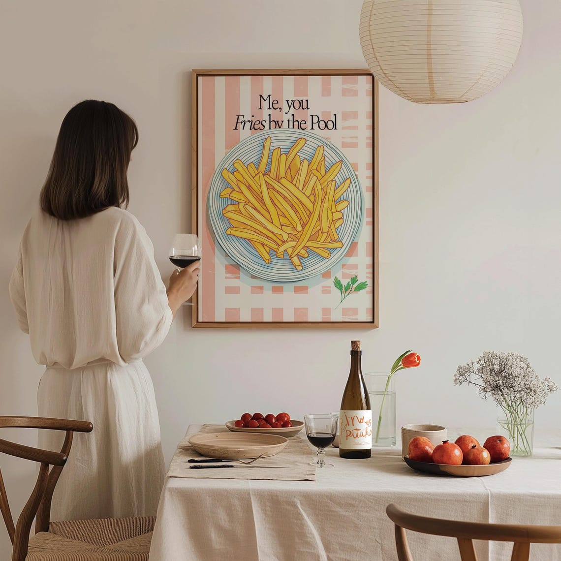 Fries By The Pool Pink Kitchen Food Illustration Retro Wall Poster - Image 3