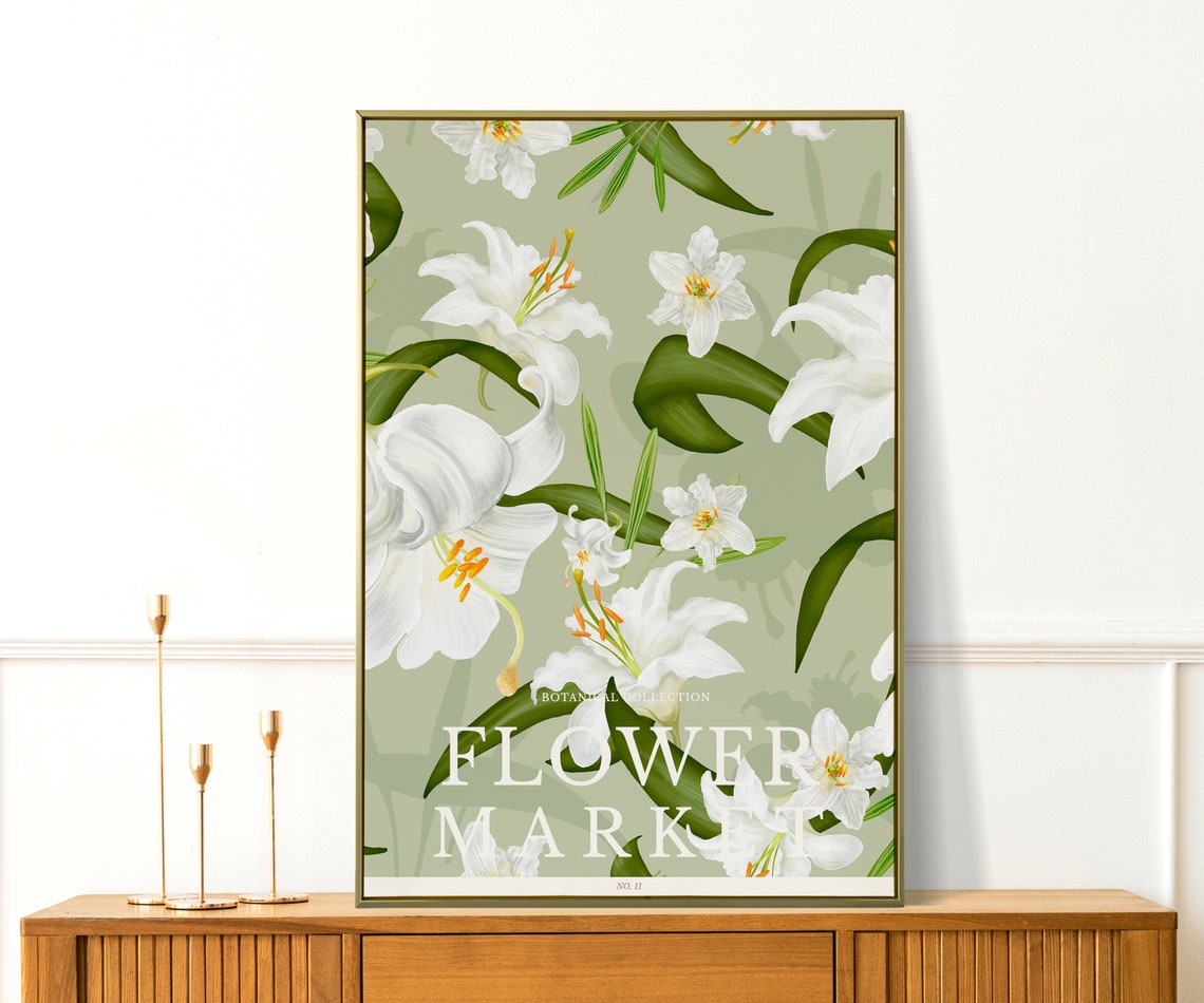Flower Market No 11 White Lilies Sage Green Botanical Poster