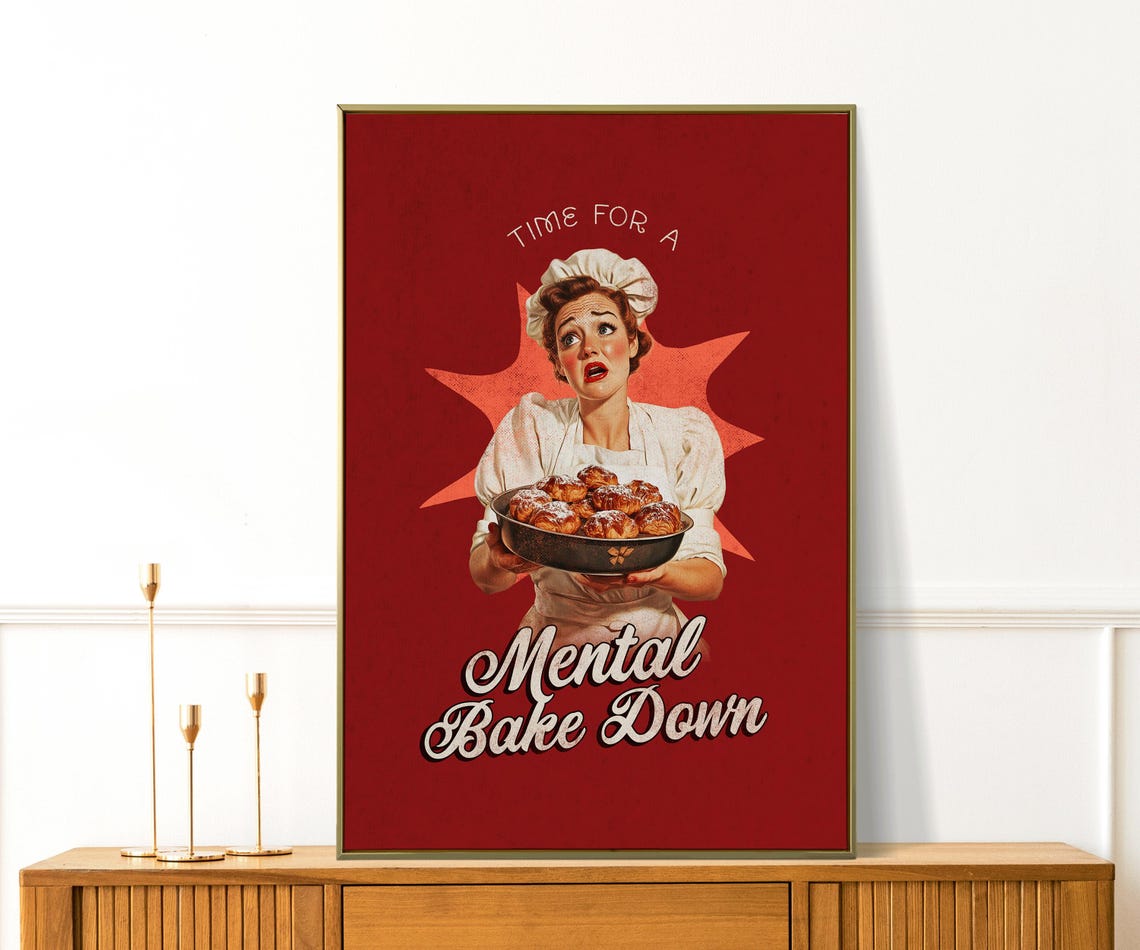Time For A Mental Bake Down Retro Housewife Burgundy Kitchen Poster - Image 3