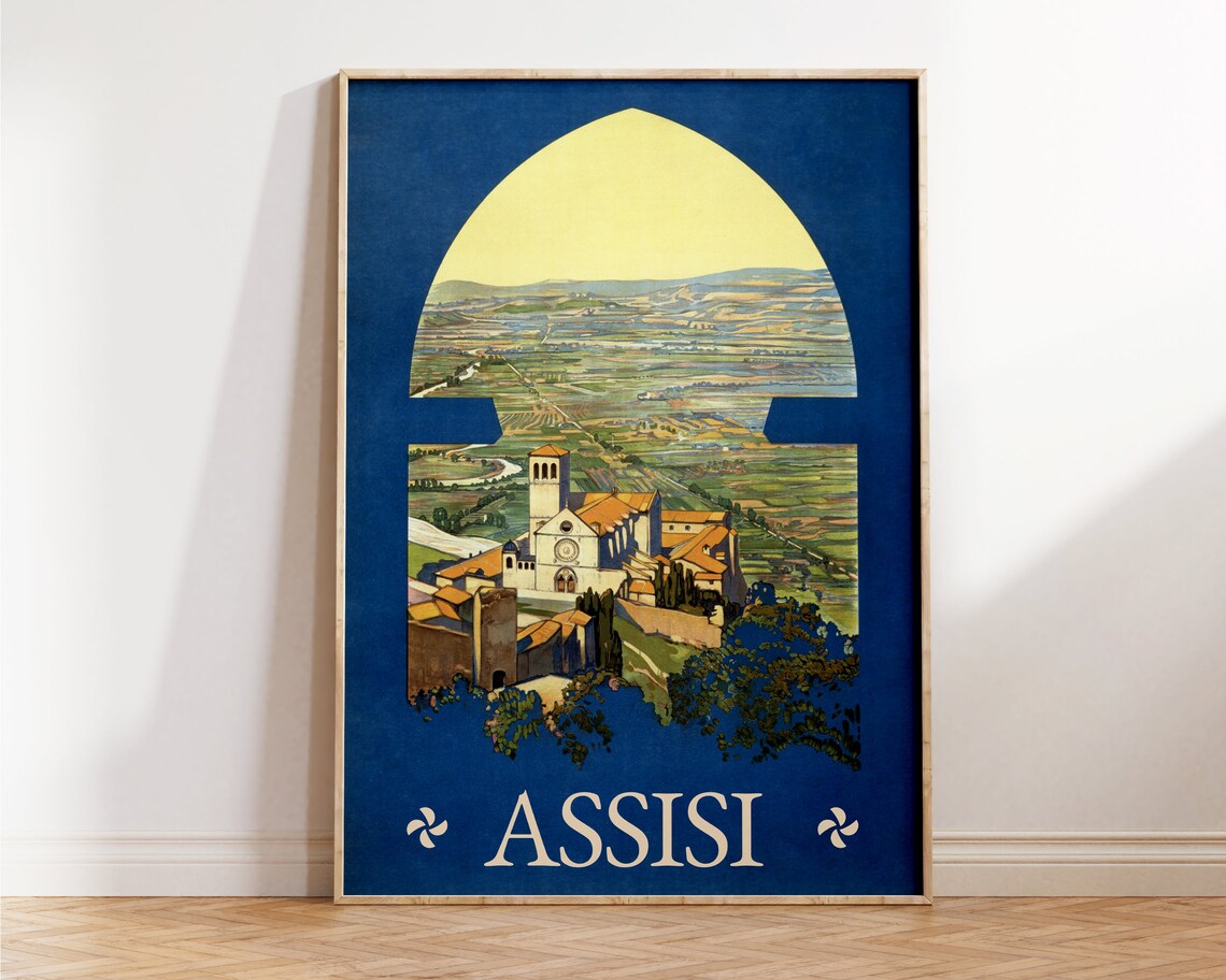 Assisi Italy Vintage Travel Poster Basilica Saint Francis Umbria Arch View - Image 2