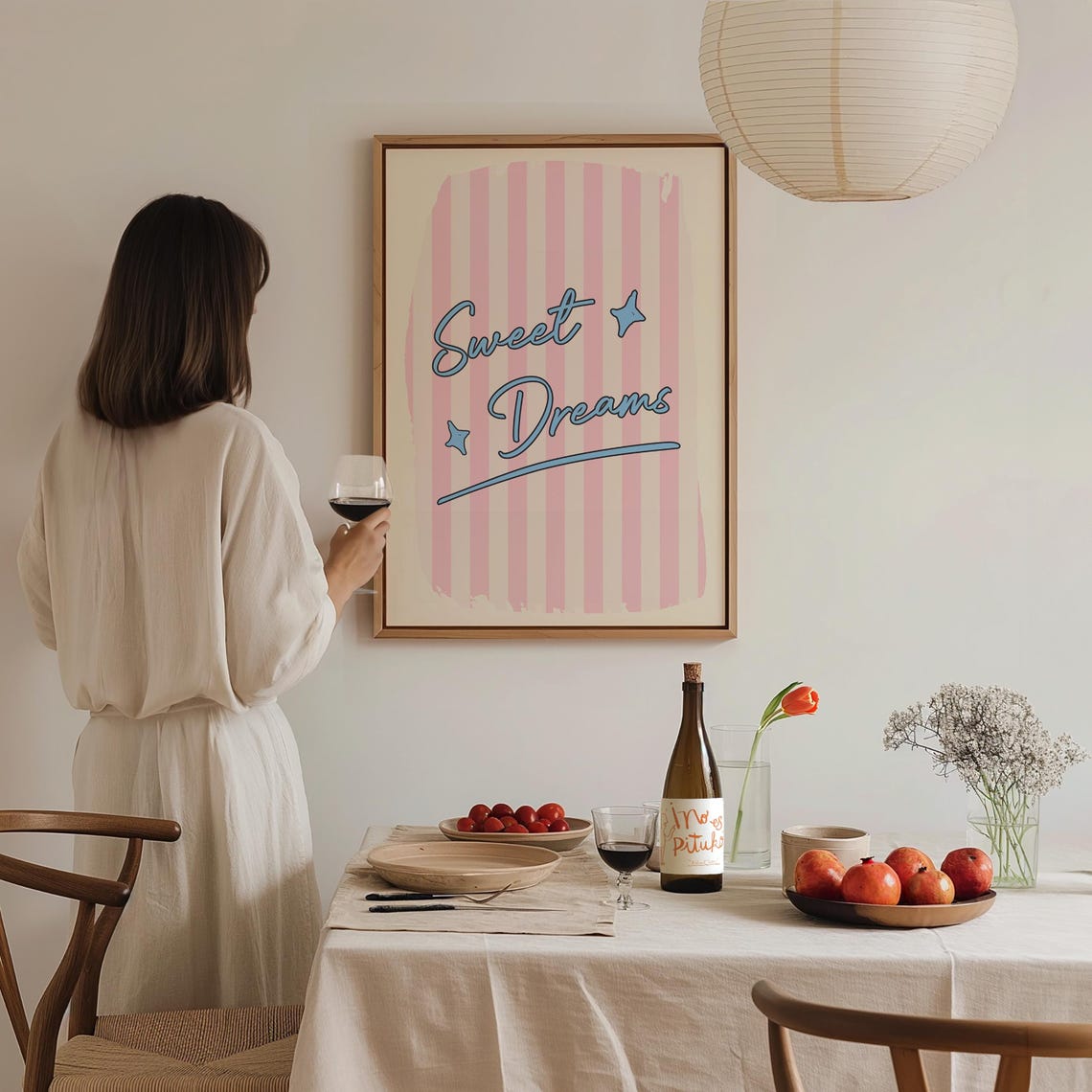 Sweet Dreams Blue Script Pink Striped Retro Bedroom Quote Decor Poster - Image 2