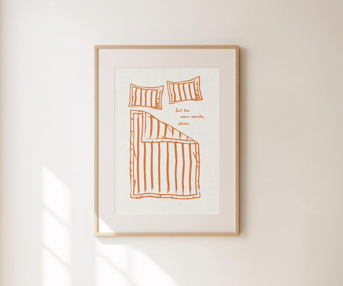 Just Five More Minutes Cozy Bed Orange Line Art Funny Bedroom Poster - Image 3