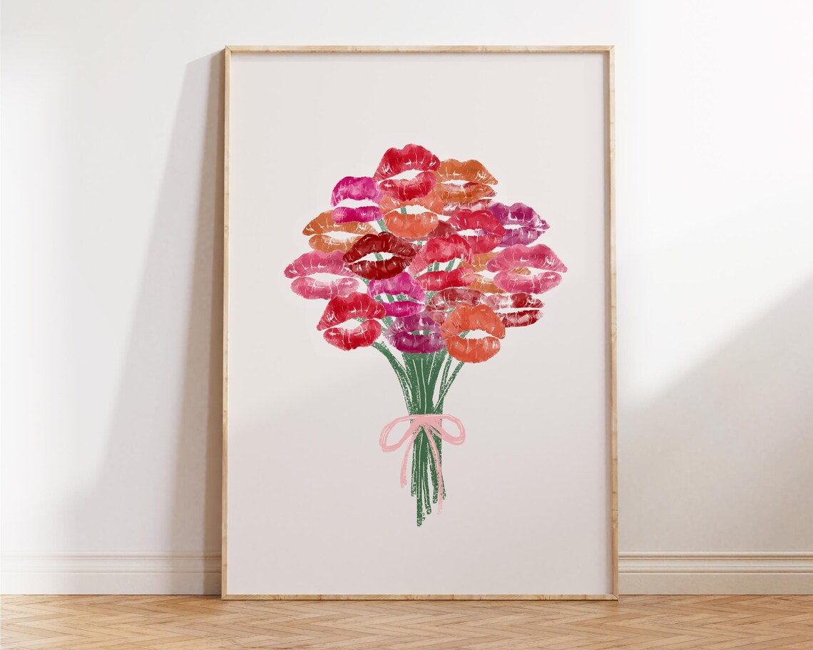 Bouquet Of Kisses Colorful Lips Print Retro Floral Bouquet Poster - Image 3