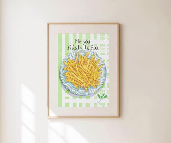 Fries By The Pool Green Kitchen Food Illustration Retro Wall Poster