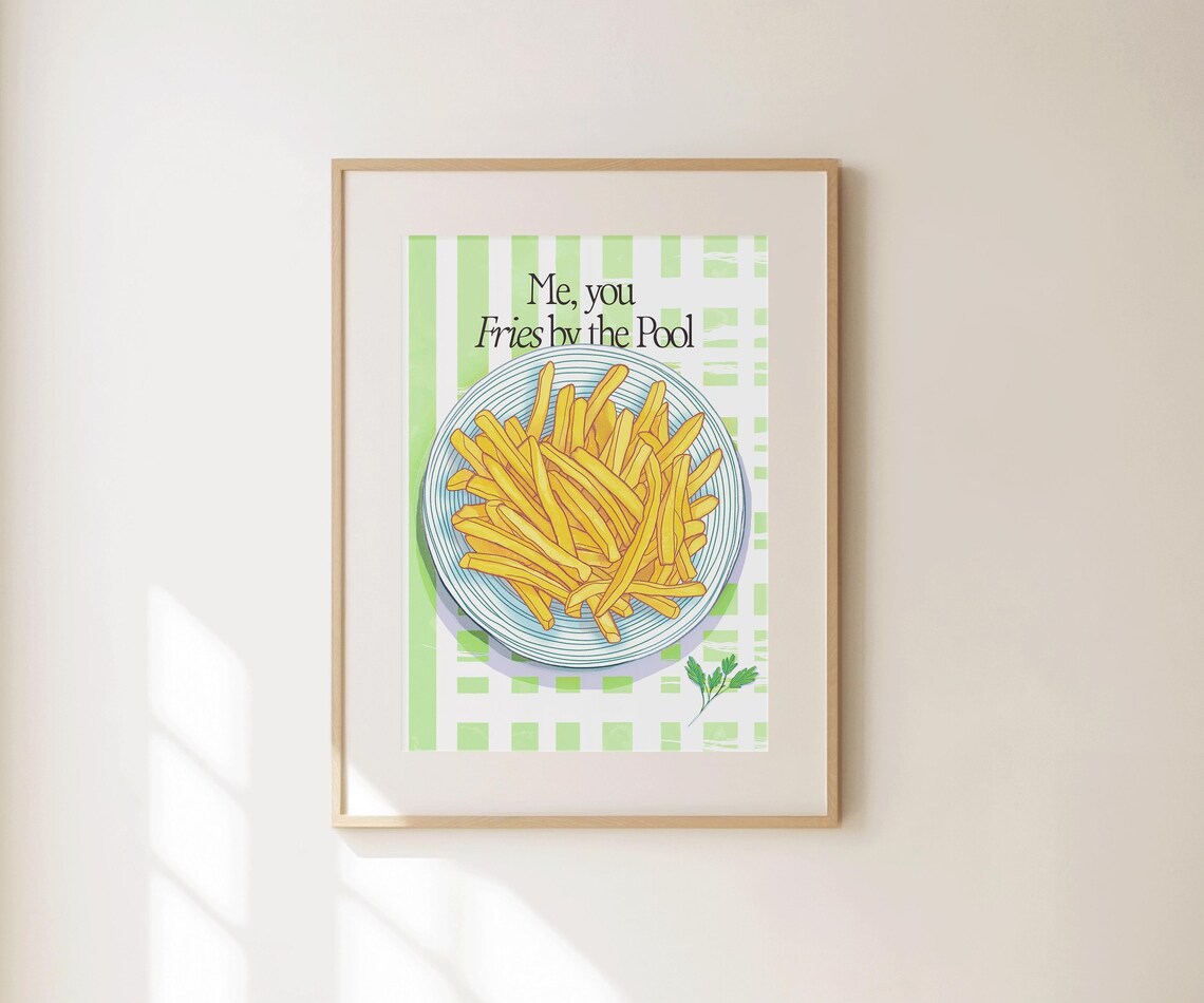 Fries By The Pool Green Kitchen Food Illustration Retro Wall Poster
