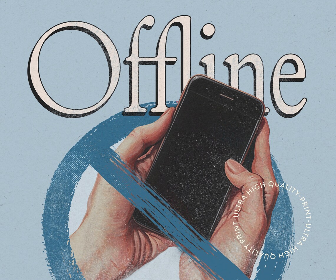 Offline Is The New Luxury Digital Detox Self Care Retro Blue Wall Print - Image 5