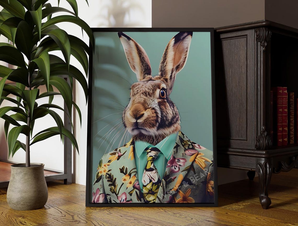 Fabulous Floral Mr Bunny Altered Animal Portrait Wall Art