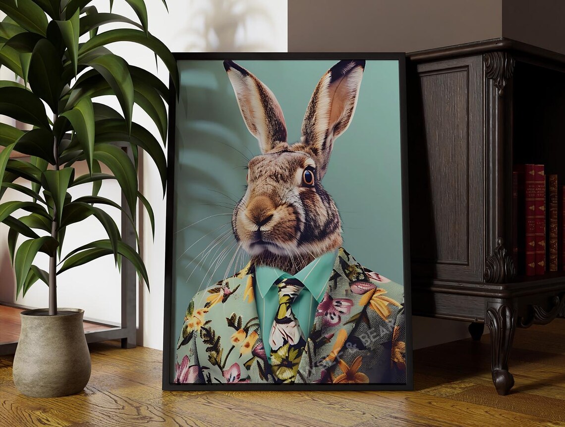 Floral Mr Bunny Portrait Hare Blossom Suit Butterfly Tie Poster