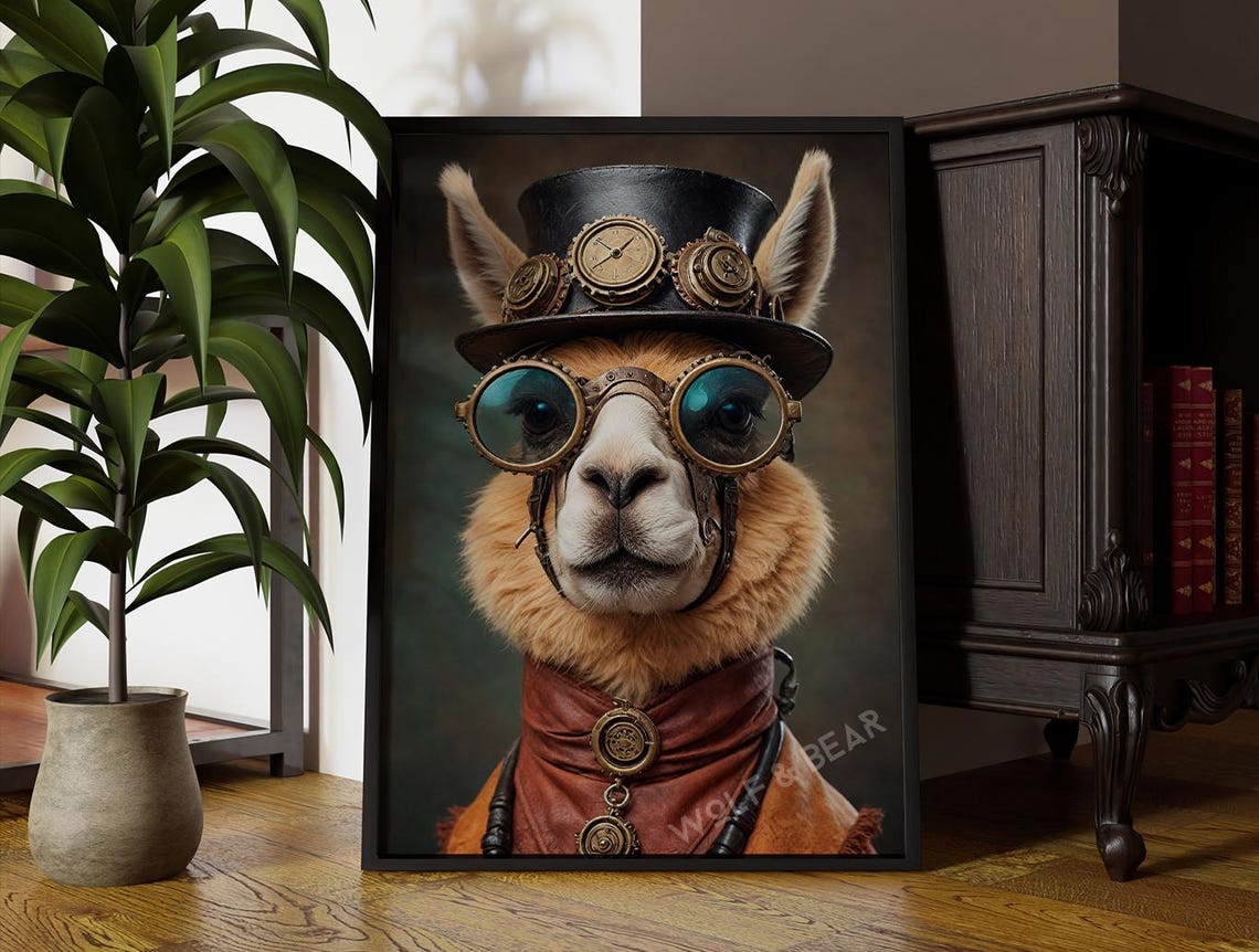 Steampunk Llama Gentleman Portrait Top Hat Goggles Animal Poster