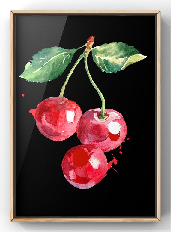 Watercolour Cherries Print Kitchen Wall Art Quirky Decor