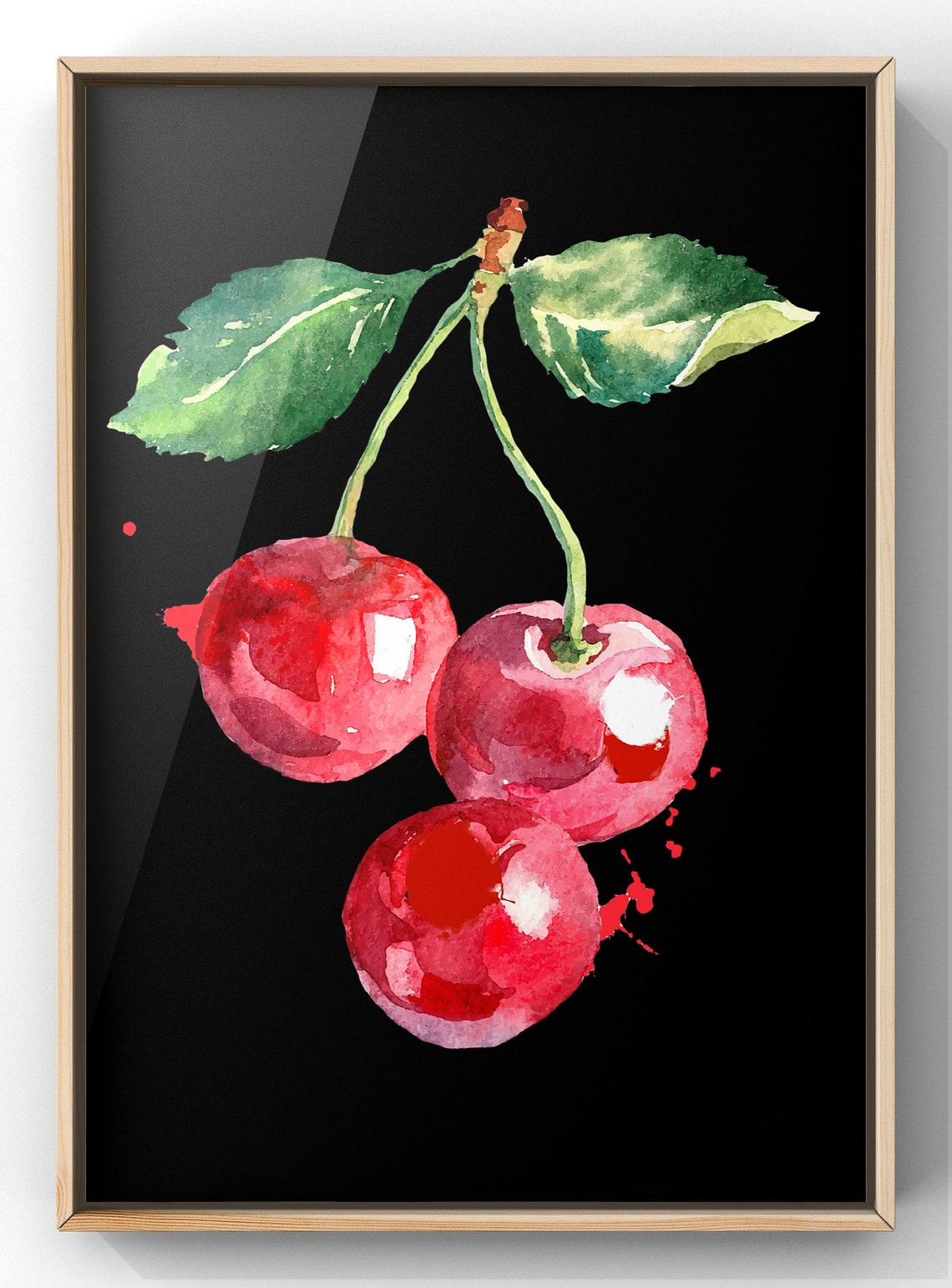 Red Watercolor Cherries On Black Modern Fruit Still Life Wall Art
