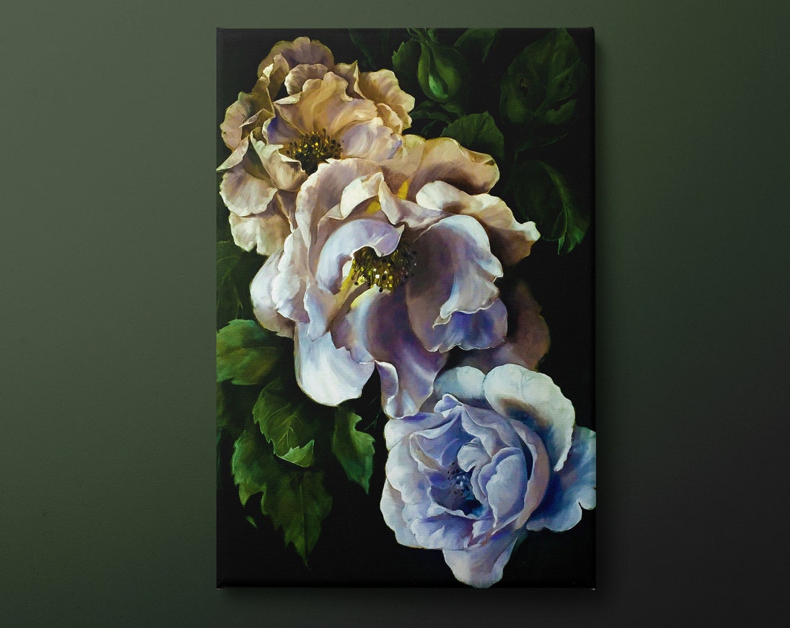 Moody Cream Lavender Roses Dark Background Oil Style Wall Art