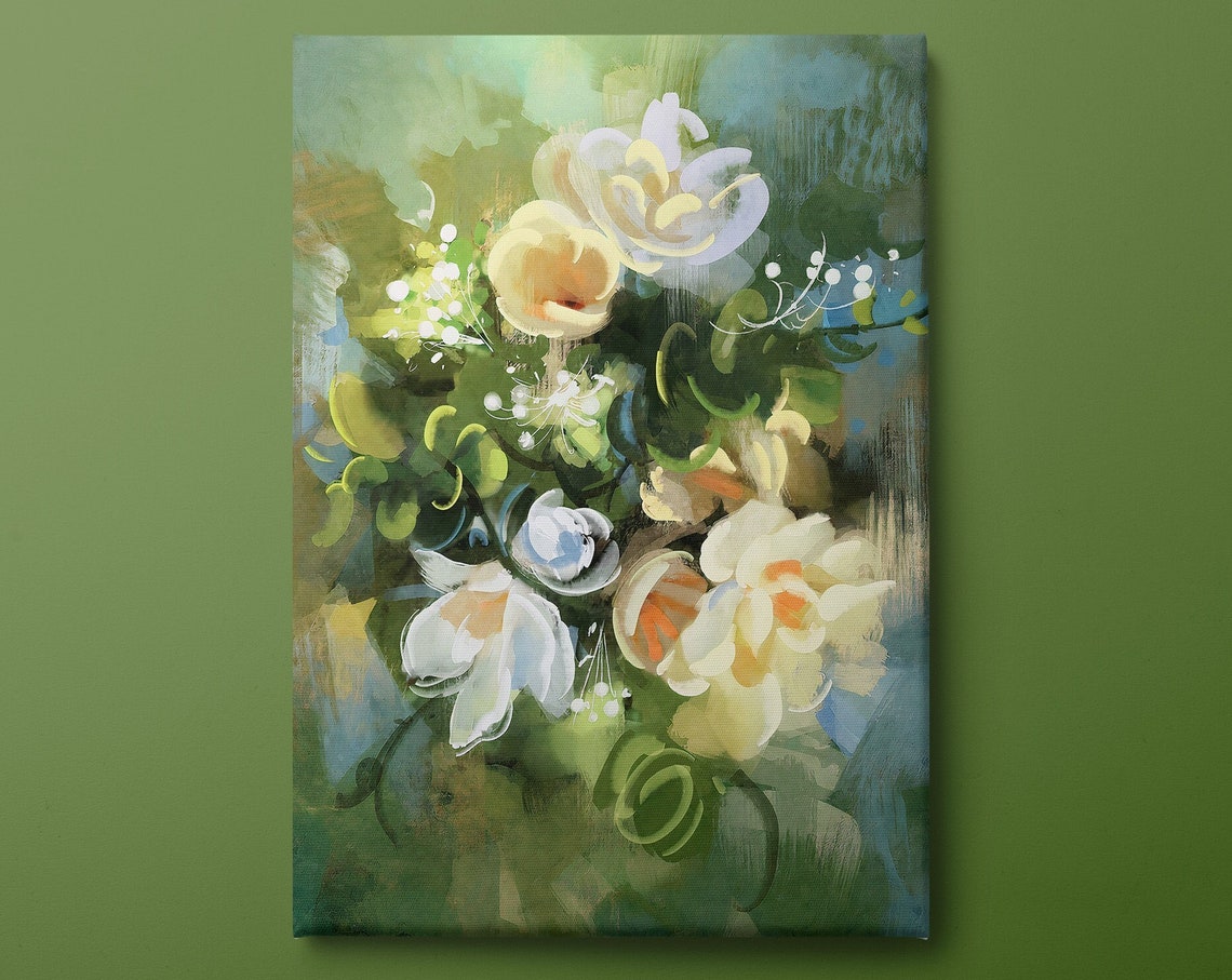 Abstract Green Cream Floral Bouquet Impasto Modern Canvas Wall Art